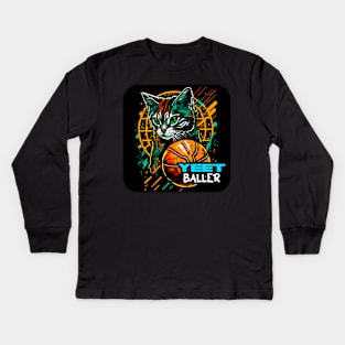 Yeet Baller - Basketball Lover - Graphic Graffiti Art Cat Kids Long Sleeve T-Shirt